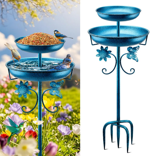 Daoeny Bird Bath for Outside, 42In Vintage Freestanding Birdbaths for Outdoors, Double Metal Bird Bath Feeder Bowls for Garden Patio Yard Lawn Decor, Upgraded 5-Pronged Base (Blue)