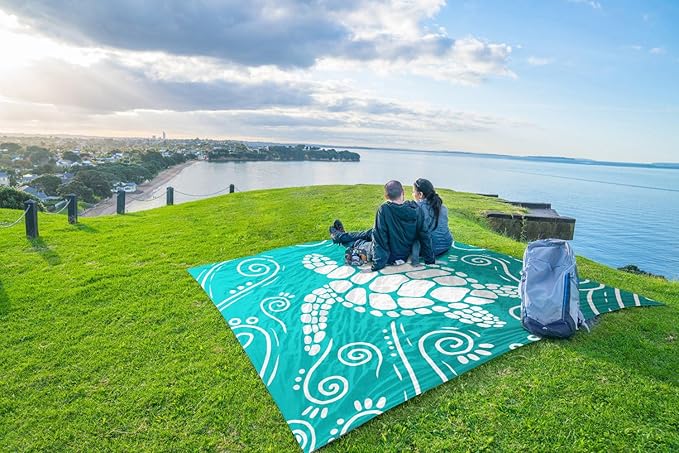 WEKAPO Beach Blanket Waterproof Sandproof Oversized Extra Large Sand Free Beach Mat with Stakes, Storage Bag - Essentials for Outdoor Beach, Picnic (Gradient Teal Sea Turtle, 8 X 7 FT (1~4 Person))