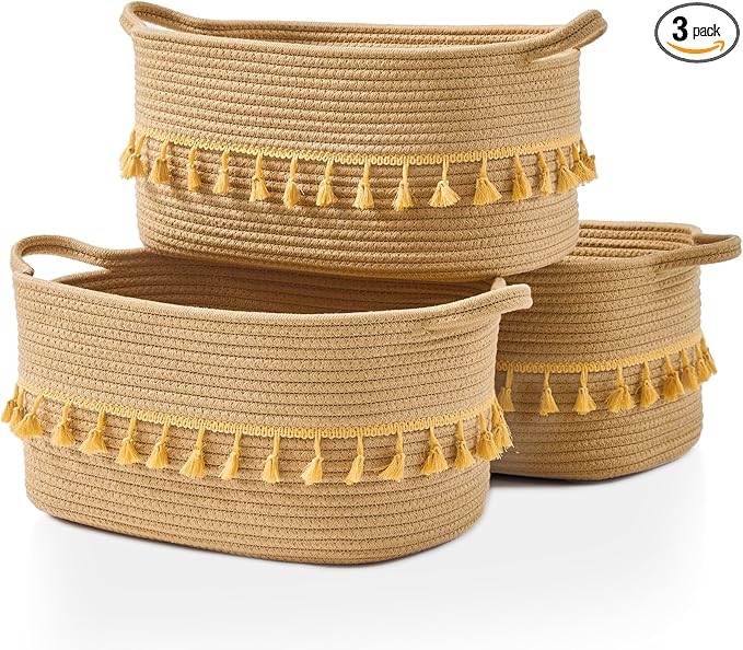 Storage Bins Woven Baskets for Storage Set of 3, Cotton Rope Basket with Handles for Toys/Shelves/Laundry, Rectangle Multi-Purpose Organizer for Living Room, Bedroom, Nursery (Brown)