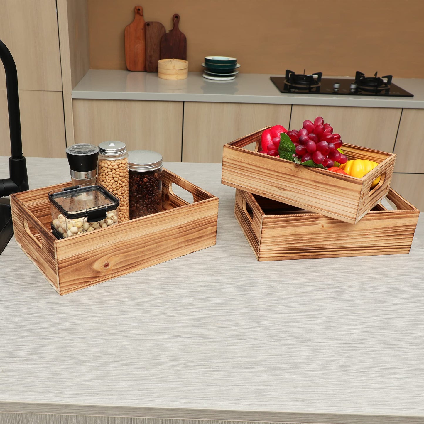 PHOENANCEE Wood Crates For Display,Rustic Crate Storage Decorative Boxes Set of 3,Wooden Nesting Box with Handles Farmhouse Container Basket Bin Home Decoration,Solid Pine,L+M+S