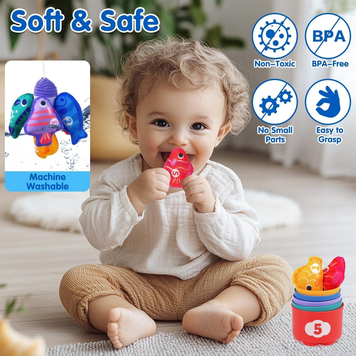 Montessori Toys for 1 Year Old - Cloth Fishing Game Toddler Toys Age 1-2 with Stacking Cups - Sorting Learning Baby Toy 12-18 Months - One Year Old Boy Girl First Birthday Gifts for 1 2 3 Year Old