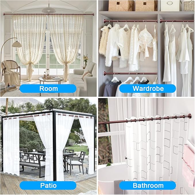 TEECK Shower Curtain Rod, 32-92 inch Adjustable Spring Tension Curtain Rod, Never Rust Anti-Slip Shower Curtain Rod for Bathroom, No Drilling, Never Collapse, Easy to Use, Brown