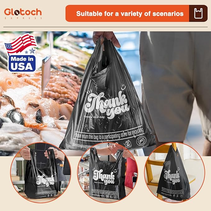 Glotoch 84000 (84K) Count Black Plastic Thank You T-shirt Bags (Pallet Package) in Bulk for Small Business, Grocery Shopping Bag with Handles for Restaurant, Retail, Togo, Takeout, Convenience Stores
