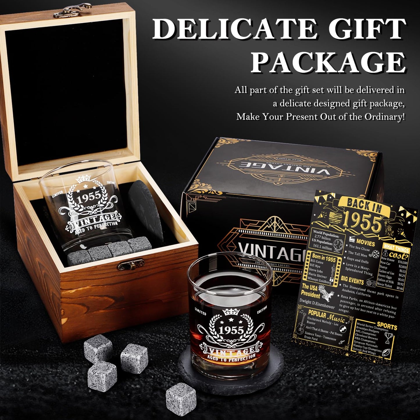 YeohJoy 70th Birthday Gifts for Men,Vintage 1955 Whiskey Glass Set,Wood Box & Whiskey Stones & 1955 Poster Anniversary Card & Coaster,Birthday Gifts Ideas for Him,Husband,Dad