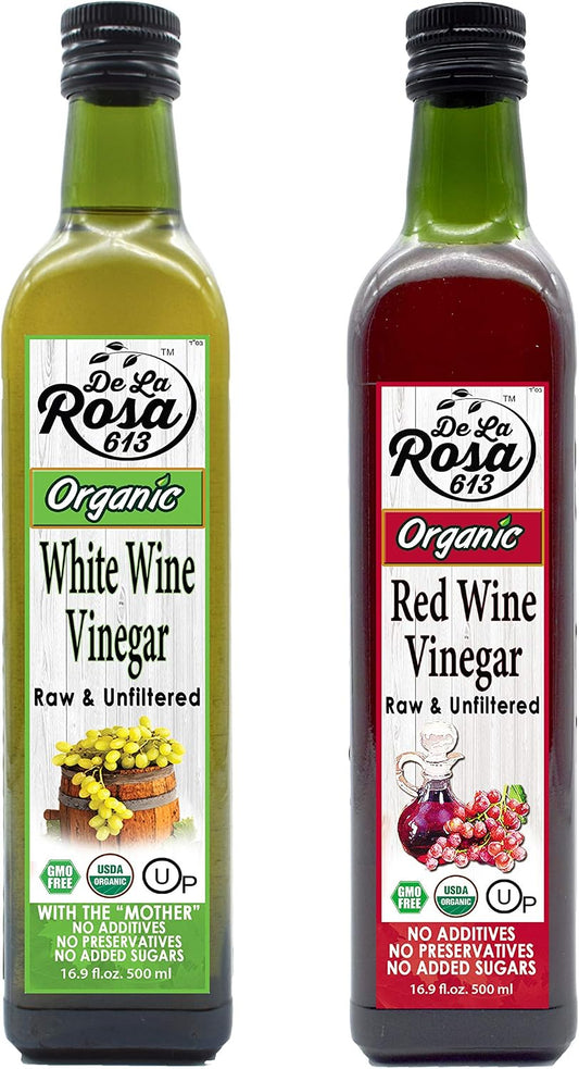 De La Rosa Organic Red & White Wine Vinegar, Raw & Unfiltered, with the “Mother”, Kosher for Passover, Vegan, Non-GMO & Gluten Free, Great for Salad Dressings & More 16.9 Oz (Pack of 2)