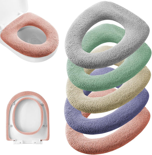 Legigo 5 Pack Thicker Bathroom Toilet Seat Cover Pads- Soft Warmer Toilet Seat Cushion Cover Stretchable Washable Fiber Cloth, Easy Installation Comfortable Toilet Lid Seat Cover(Knit Elongated Light)