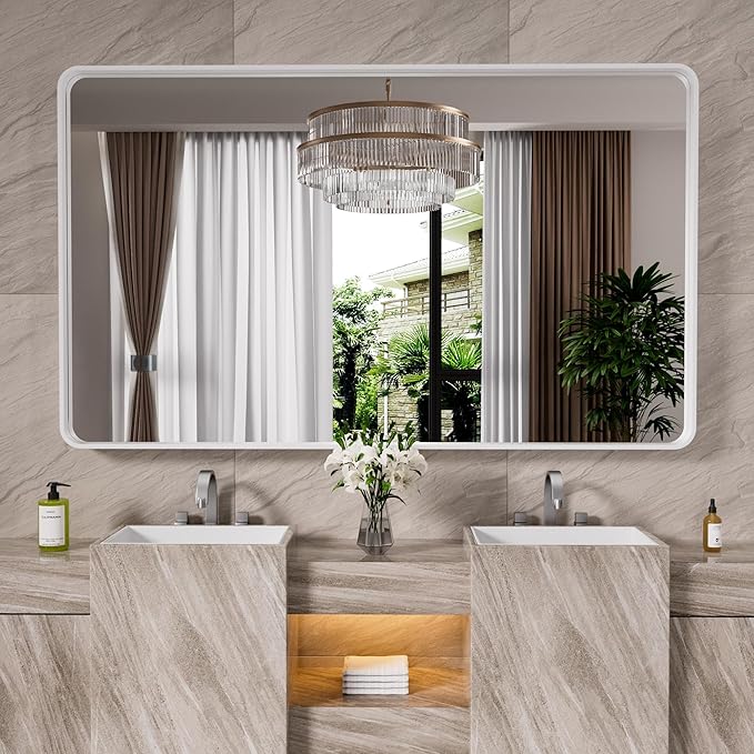 White Bathroom Mirror 60x28 Inch, White Metal Framed Bathroom Mirror for Wall, Rounded Rectangle Matte Bathroom Vanity Mirror, Tempered Glass, Anti-Rust, Horizontal/Vertical