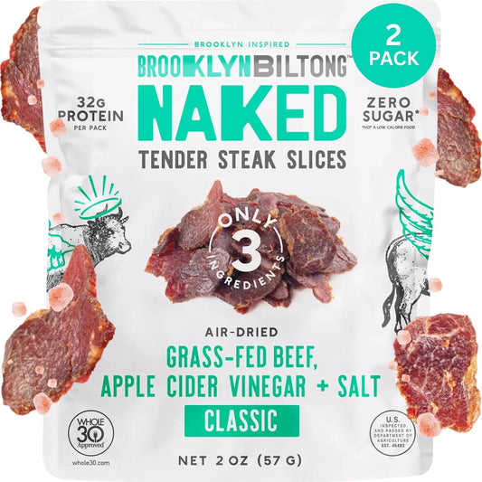 Brooklyn Biltong Naked Tender Slices, Classic (2 oz, Pack of 2), Grass Fed Beef Protein Snacks, 32g Grass Fed Protein Per Pack, Beef Jerky Alternative – Sugar Free, Gluten Free, Paleo Snacks, Keto Snacks, Whole 30, AIP