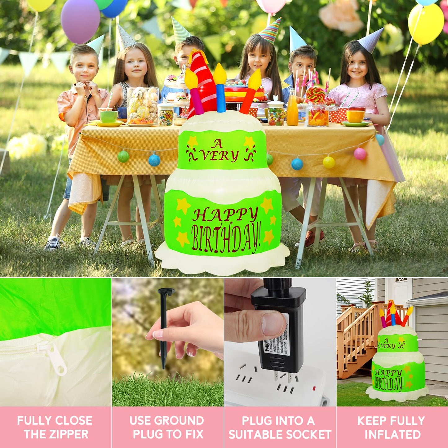 HZGDEJTG 4FT Birthday Cake Birthday Party Outdoor Inflatable Decoration, Outdoor Inflatable Decoration with LED Lights, Birthday Inflatable Decoration for Garden, Patio, Lawn