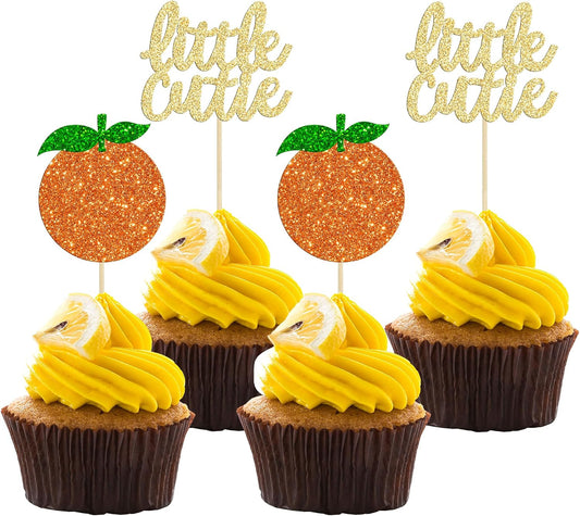 Gyufise 24Pcs Little Cutie Cupcake Toppers Glitter Orange Cupcake Picks for Citrus Theme Baby Shower Kids Birthday Party Cake Decorations Supplies
