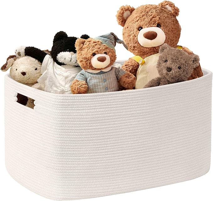 45L Small Baby Girls Laundry Basket for Nursery Storage,Cute Woven cotton Rope Baskets for Kids Toyï¼Gifts,Boho Square Wicker Blanket hamper for Living Room,Bedroom Dirty Clothes, White