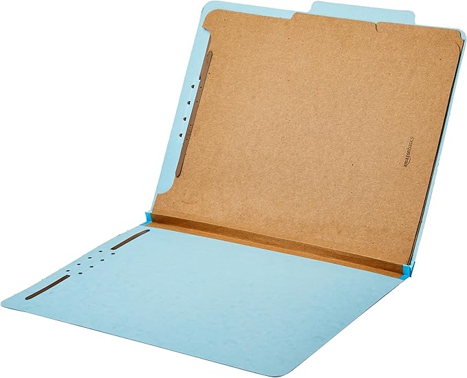 Amazon Basics Classification Folder with Prongs, 100% Recycled, 2 Dividers, 2" Embedded Fasteners, Letter Size, for Documents Organization, Light Blue, 10 Count (Pack of 2)