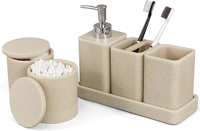 Bathroom Accessories Set, 6 Piece Bathroom Set with Toothbrush Holders, Soap Dispenser, Vanity Tray, Tumbler, Cotton Swab Jars, Bathroom Organizerï¼Bathroom Sink Sets, Stone Beige