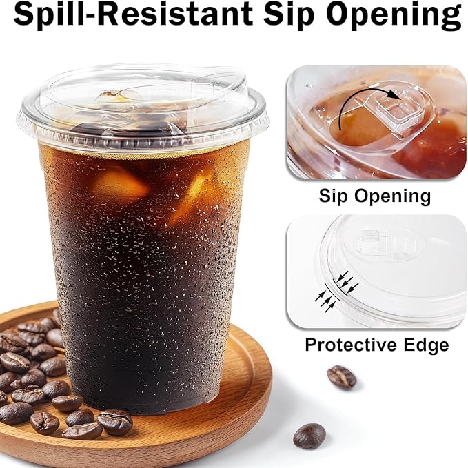BYSNOW 16 oz 50 Pack Clear Plastic Cups with Lids, Disposable Iced Coffee Drink Cups with Strawless Sip Lids for Parties, Outdoors, Office and Events