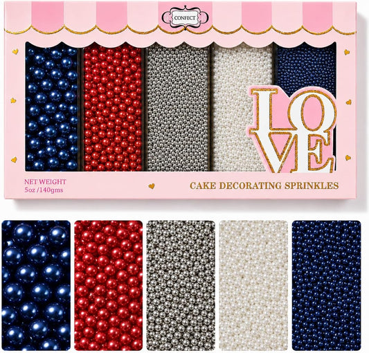 Confect Patriotic Sprinkles Mix – Red, White, Blue, Silver & Navy Pearl Dragees | 5-Pack Cake & Cupcake Decorations | 4th of July | Baking Toppers | Vegan, Gluten-Free, Nut-Free, Soy-Free, Dairy-Free, Palm Oil-Free, No Artificial Dyes - 5 Oz