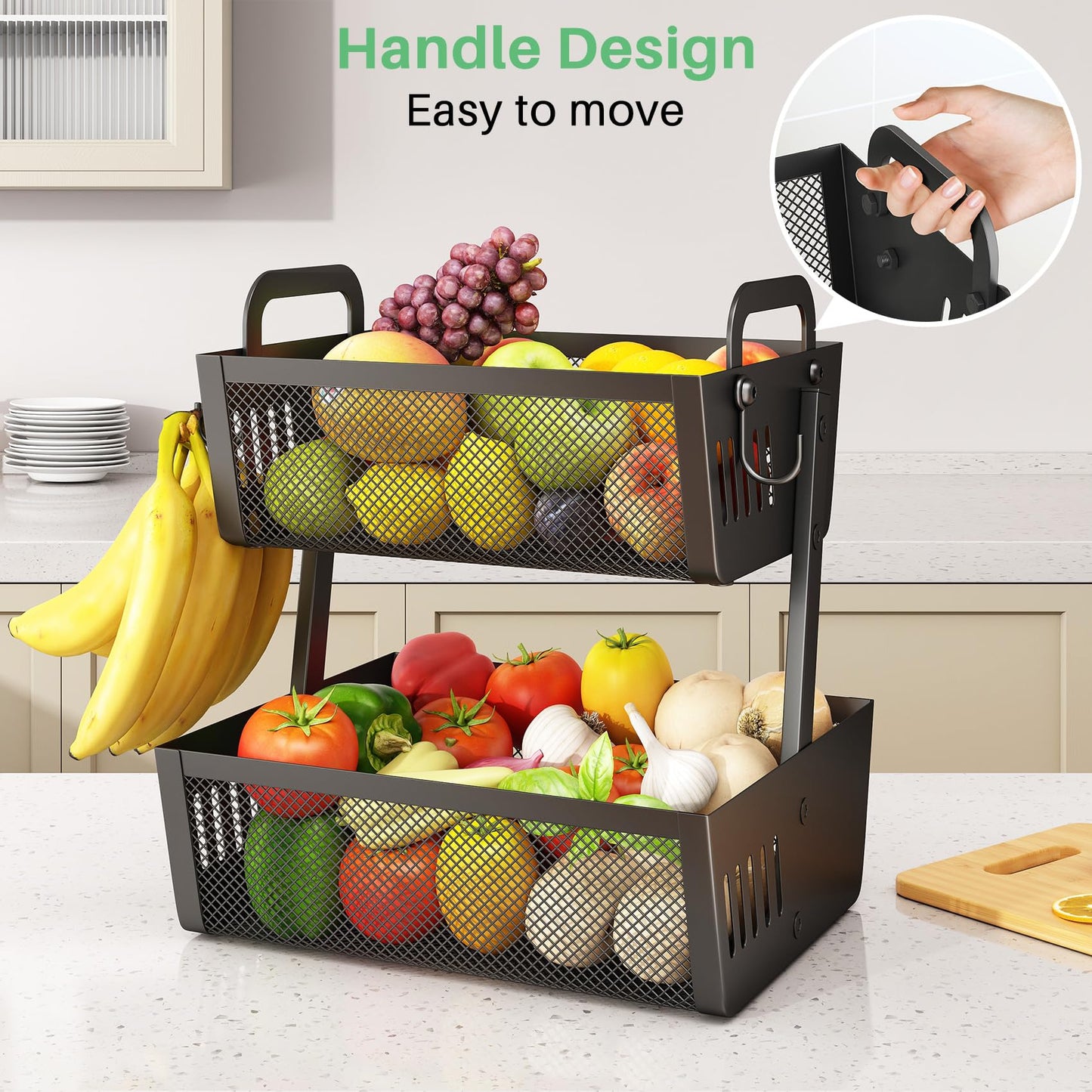 SAYZH Fruit Basket Bowls For Kitchen Counter with Banana Hangers - Detachable Metal Mesh Basket Fruit Stand with Handle - Kitchen Vegetables Bread Snacks Storage Organization, 2 Tier Black