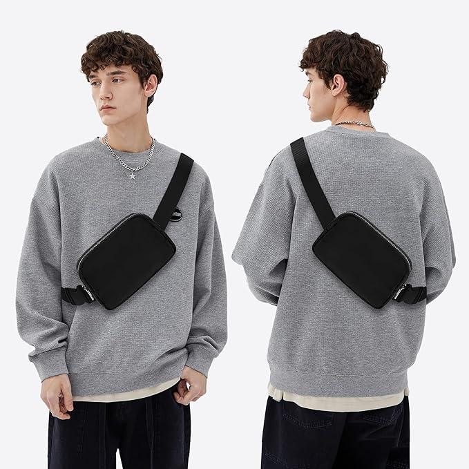 VOROLO Fanny Pack For Men And Women Christmas Gift Crossbody Bag For Men Belt Bag with Adjustable Strap for Sports Silver Zipper Black