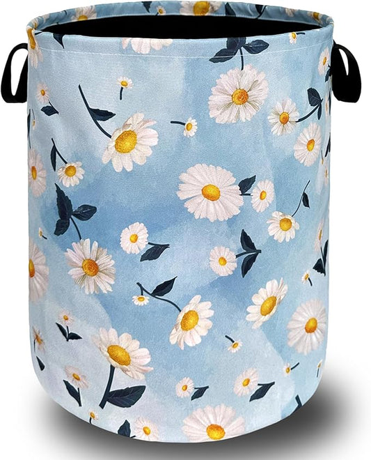 Cute Daisy Floral Laundry Hamper Foldable With Handles Flowers Tote Bag Oxford Cloth Colorful Laundry Basket Clothes Toy Storage Bucket 18.9" x 16.5" For Bathroom/Laundry/Bedroom