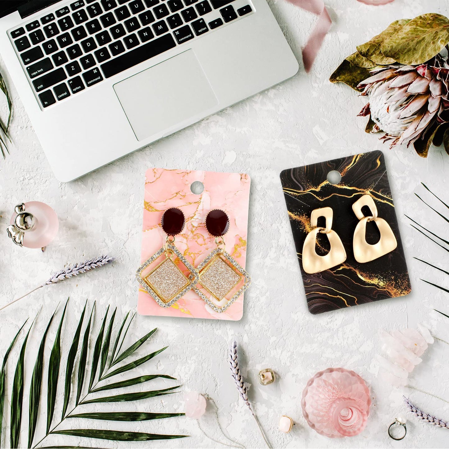 900 Pcs Marble Earring Necklace Display Card Holder for Selling, 250 Pcs 5 Colors Jewelry Display Cards 150 Pcs Self Seal Bags and 500 Earring Back for Jewelry Packing, 2 x 2.8 Inches (Golden Ripple)