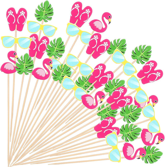 CHENGU 200 Pcs Summer Tropical Cocktail Picks Hawaiian Toothpicks Cupcake Toppers Beach Flamingo Palm Leaf Bamboo Fruit Sticks Cocktail Skewers for Appetizers Food Drinks Luau Party Decoration