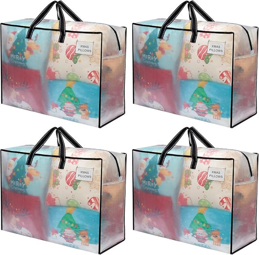 VENO 4 Pack Moving Bags, Christmas Storage Containers, Storage Totes, Zipper On Top, Sturdy, Storage Bags for Camping, Clothes, Bedding, Comforters, Pillows (27 Gallon Clear, 4 Pack)