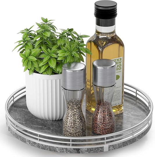 Gray Marble Lazy Susan Turntable for Table Top â 10â Round Marble Tray Organizer for Dining Table, Kitchen Countertop & Bar, Luxury Stone Serving Tray with Silver Frame