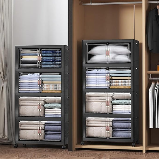 Extra Large Stackable Storage Bins with Lids & Wheels & Door, 416QT-52QT/13GAL*8Pack Foldable Collapsible Closet Organizers, Plastic containers drawers for bedroom Dorm