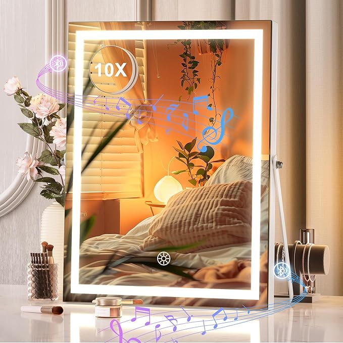 Hasipu Vanity Mirror with Lights and Bluetooth Speaker, 10.6" x 13.8" LED Makeup Mirror with 10X Magnification, Smart Touch 3 Colors Dimmable, Brightness Adjustment, 360Â° Rotation, White