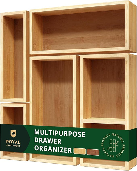ROYAL CRAFT WOOD 5-Piece Bamboo Drawer Organizer Set â Multi-Use Storage Trays for Kitchen, Bathroom, Office, Makeup, Jewelry & More â Junk Drawer Tray, Utensil Holder, Storage Box & Bin Set (5 Boxes)