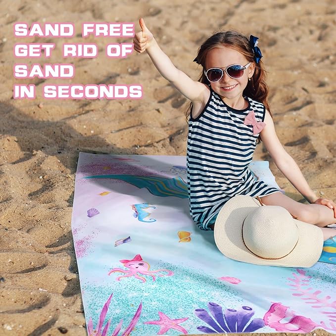 WERNNSAI Mermaid Kids Beach Towel - 30” x 60” Microfiber Mermaid Sand Free Towels for Girls Bath Pool Camping Travel Towel Quick Dry Ultra Absorbent Super Soft Beach Blanket Bath Shower Towel