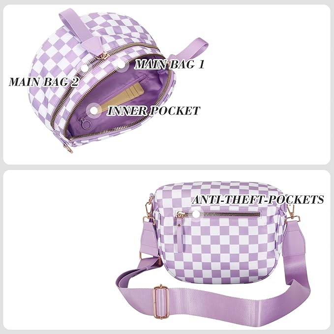 Checkered Crossbody Bag for Women, Spacious Sling & Stylish Bum Bag for Travel, Concerts, Festival, Nylon Fanny Pack Belt Bag (Colour Bum Bag-Purple Checkered)
