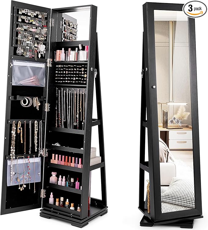 360Â° Swivel LED Mirror Jewelry Cabinet with Full Length Mirror, Lockable Floor Standing Mirrored Jewelry Armoire Organizer w/Inside Makeup Mirror & Back Storage Shelves, Space-Saving (Black)