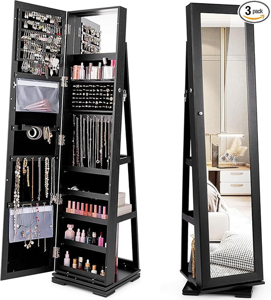 360Â° Swivel LED Mirror Jewelry Cabinet with Full Length Mirror, Lockable Floor Standing Mirrored Jewelry Armoire Organizer w/Inside Makeup Mirror & Back Storage Shelves, Space-Saving (Black)
