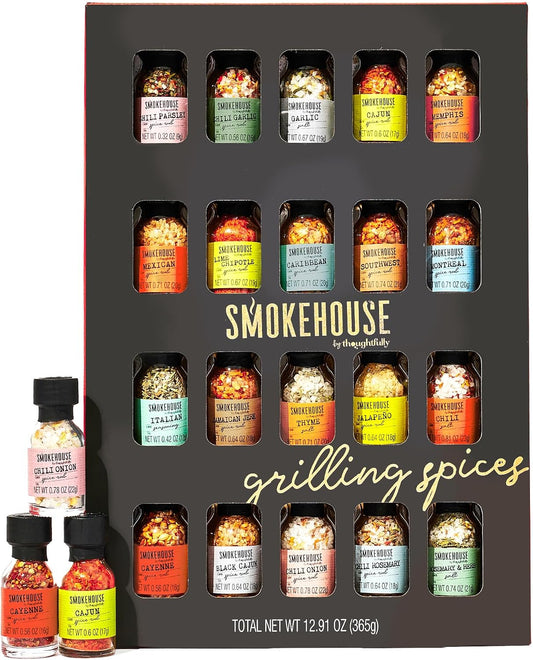 Grilling Spice Set Gift, 20 Mini BBQ Rubs & Seasonings Variety Pack, Grill Seasoning Sampler for BBQ, Smoker, Steak, Chicken Burgers, Smokehouse by Thoughtfully - Gift Set for Men, Dad, Father's Day