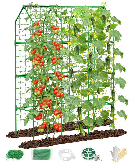 Cucumber Trellis for Climbing Plants Outdoor, A-Shape Garden Trellis for Raised Bed, Metal Plant Trellis with Garden Netting for Flower Vegetables, Pea, Grape (50 * 17 * 65inch(L*W*H)