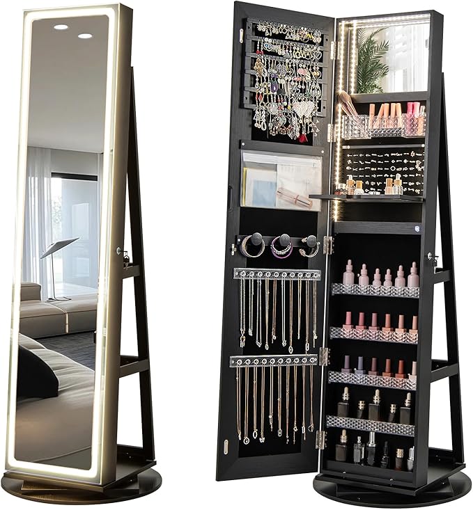 CHARMAID 360Â° Rotating Jewelry Armoire with LED Lighted Full Length Mirror & Built-in Vanity Mirror, Lockable Standing Jewelry Cabinet with Lights, Large Storage Organizer for Jewelry (Black)