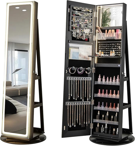 CHARMAID 360Â° Rotating Jewelry Armoire with LED Lighted Full Length Mirror & Built-in Vanity Mirror, Lockable Standing Jewelry Cabinet with Lights, Large Storage Organizer for Jewelry (Black)