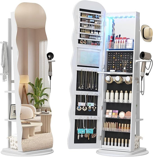 Vlsrka 360Â° Swivel Jewelry Aromire with Wavy Mirror, Lockable Jewelry Organizer Mirror Full Length, Rotatable Standing Mirror with Storage, Jewelry Cabinet, Interior Mirror, Flodable Shelf, White