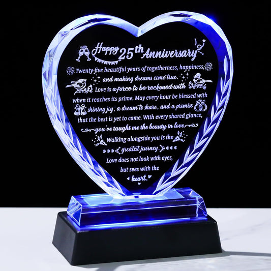 25th Wedding Anniversary Crystal Gifts for Couples, Romantic Heart Happy Silver Anniversary Keepsake Gift for Wife Husband with LED Light Base, 25 Years of Marriage for Her Him Party Decor