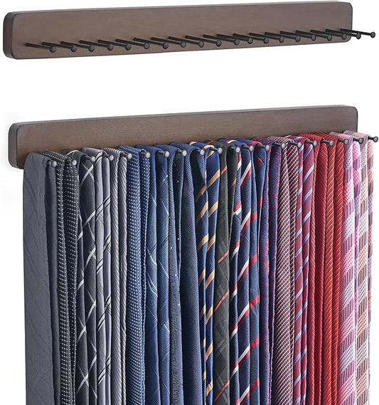 Mkono 2 Packs Tie Rack Wall Mounted Belt Hanger Holder Rustic Wood Tie Organizer for Men Closet Max up 20 Storage for Ties Belts Scarf