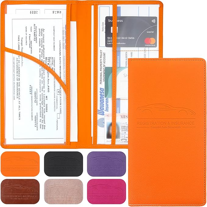 LumiMokki Premium Car Registration & Insurance Card Holder with Magnetic Shut, Vehicle Glove Box Car Organizer - For Documents, Cards, License (Orange)