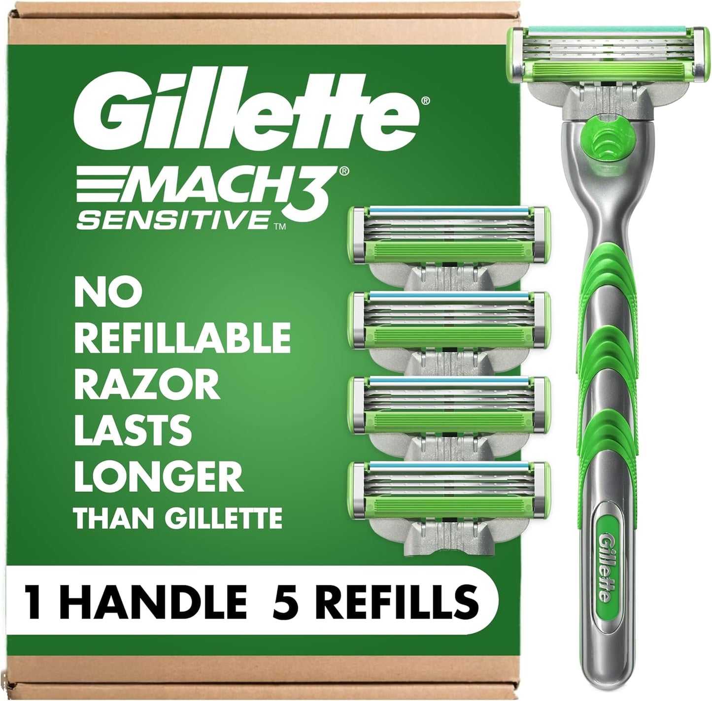 Gillette Mach3 Sensitive Shaving Razor for Men, 1 Handle and 5 Blade Refills, for Sensitive Skin