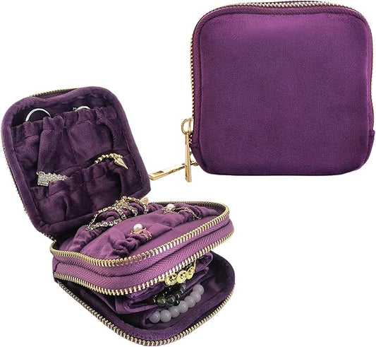 Travel Jewelry Organizer Case, Lisse Velvet 2-Layer Pouch, 11-Pocket for Necklaces, Bracelets, Earrings & Rings, Anti-Tangle Scratch-Resistant Small Jewelry Bag, Elegant Gift (Plum Purple)