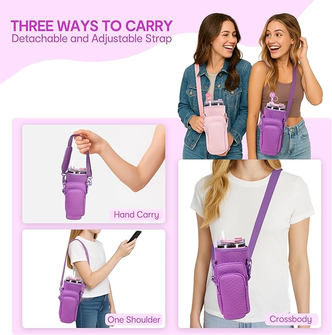&And Per Se Water Bottle Shoulder Bag for Women, Neoprene Carrier with Phone Pocket & Purple Charm, Adjustable Crossbody Strap Fits Stanley 30oz Tumblers, Gift for Her (Purple)