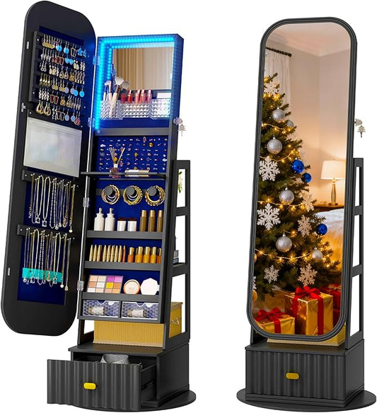 Full Length Mirror with Storage, 61" Mirror Jewelry Cabinet Standing, Rotating Jewelry Mirror Organizer Full Length, Lockable Jewelry Armoires with Velvet Lining for Women Gift