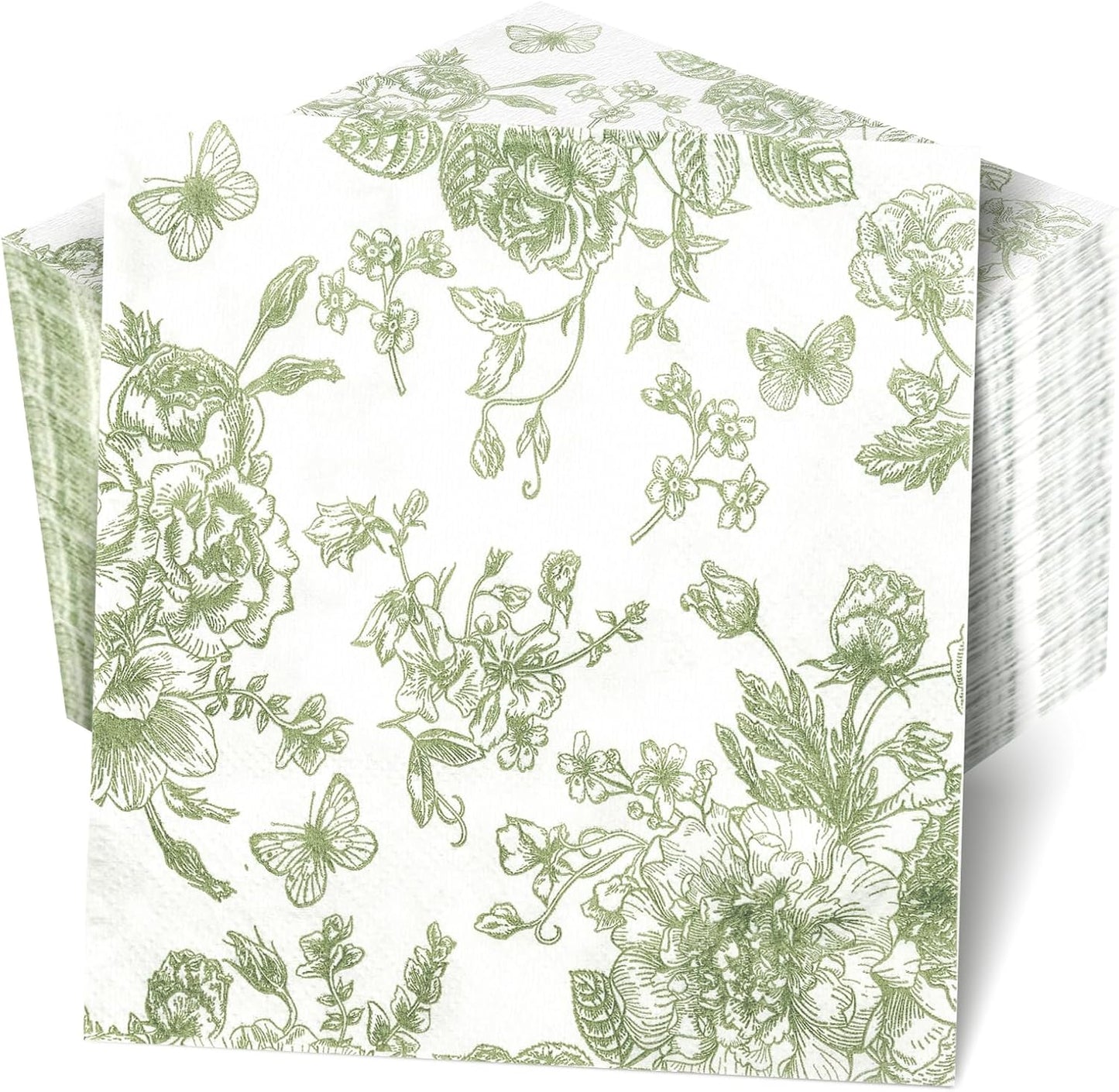 Mwellewm 100Pc Sage Green Floral Napkins Cocktail Napkins Disposable Paper Beverage Dessert Dinner Napkin Guest Fancy Decorative Hydrangea Flower for Wedding Bridal Baby Shower Birthday Party
