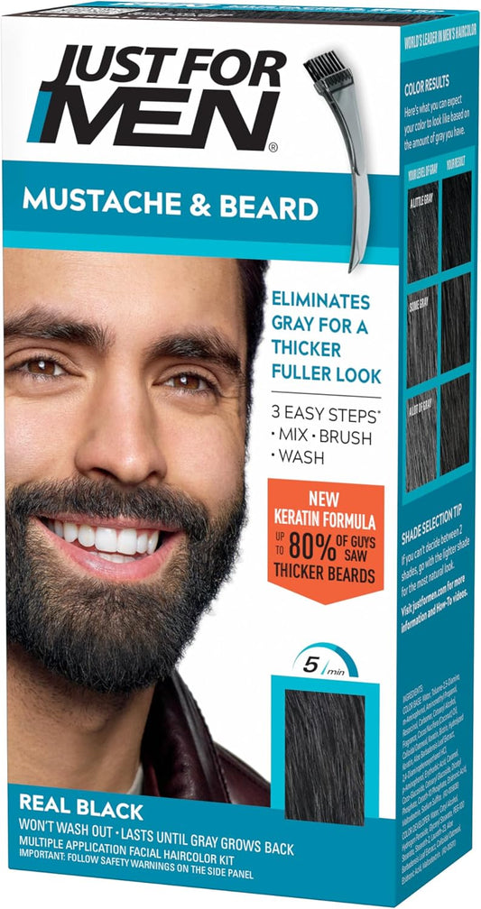 Just For Men Mustache & Beard multiple uses Beard Dye for Men with Brush Included, With Keratin Biotin Aloe and Coconut Oil for Healthy Facial Hair - Real Black, M-55, Pack of 1 (Packaging May Vary)
