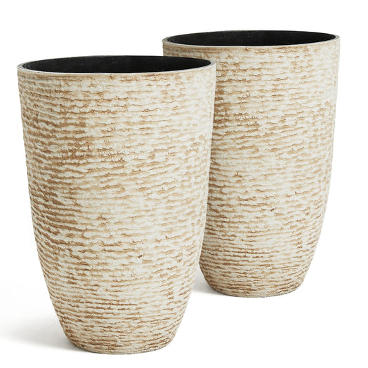 Worth 9 Gallon Tall Round Planters Set of 2-14" Dia x 21"" H Stone Finish Flower Pots Indoor Decorative Container Garden Patio Unbreakable Beige"