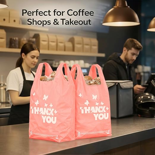 PINK Thank you bags, 50PCS T shirt bags, To Go Bags,Grocery bags, Reusable and Disposable,Perfect for Small Business,Take Out,Retails,11 inchx6 inchx21 inch(50),Large