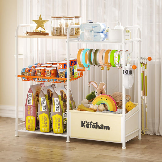 KAFAHOM Dog Toy Bin, Multi-Functional Dog Toy Basket with Collar Rod & Can Dispenser, Puppy Essentials Shelf, Dog Stuff Box, Perfect Basket for Dog Toys in Living Room, Great Gift for Pet Lovers
